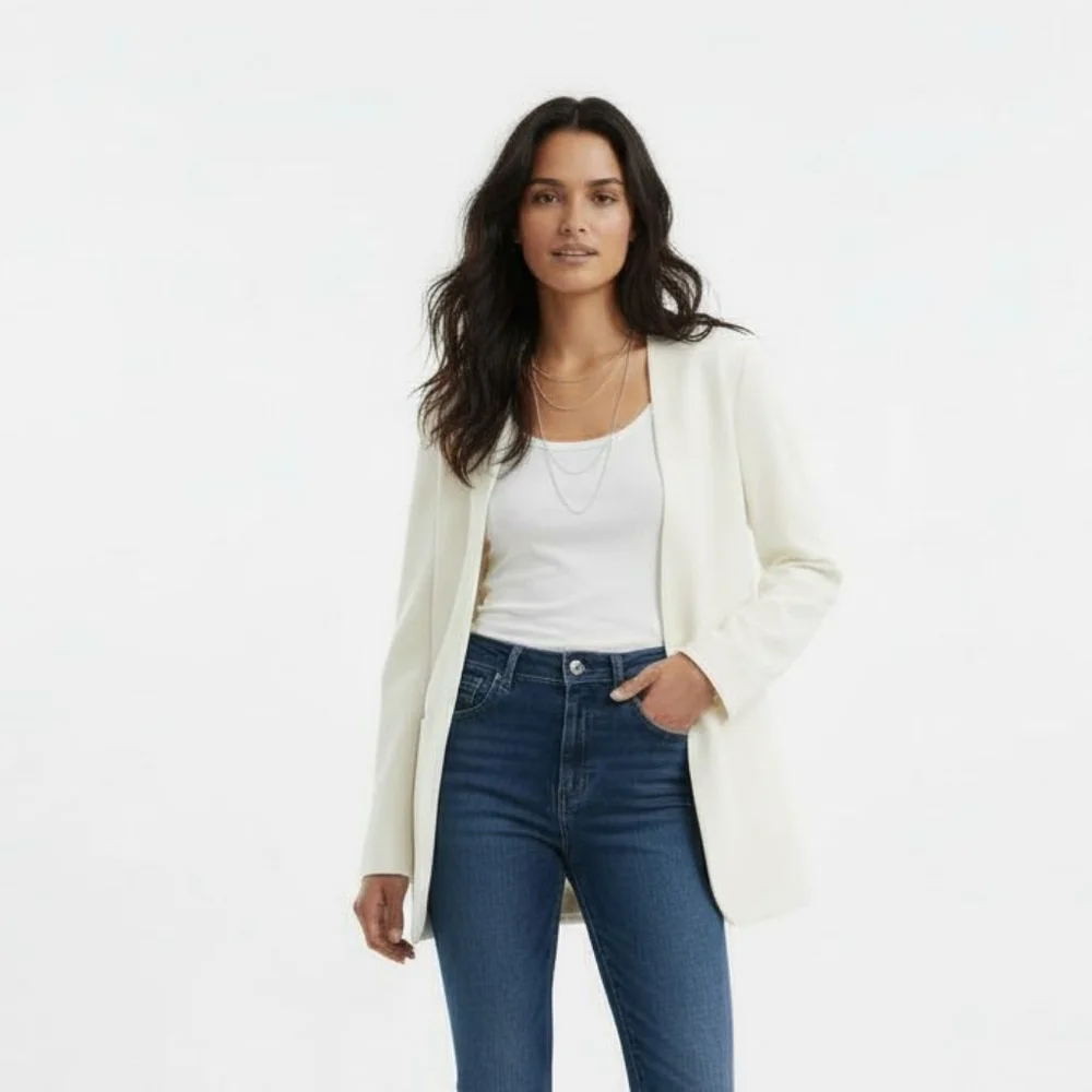 Lattelier Linen Cotton Blend Cream Blazer - Large